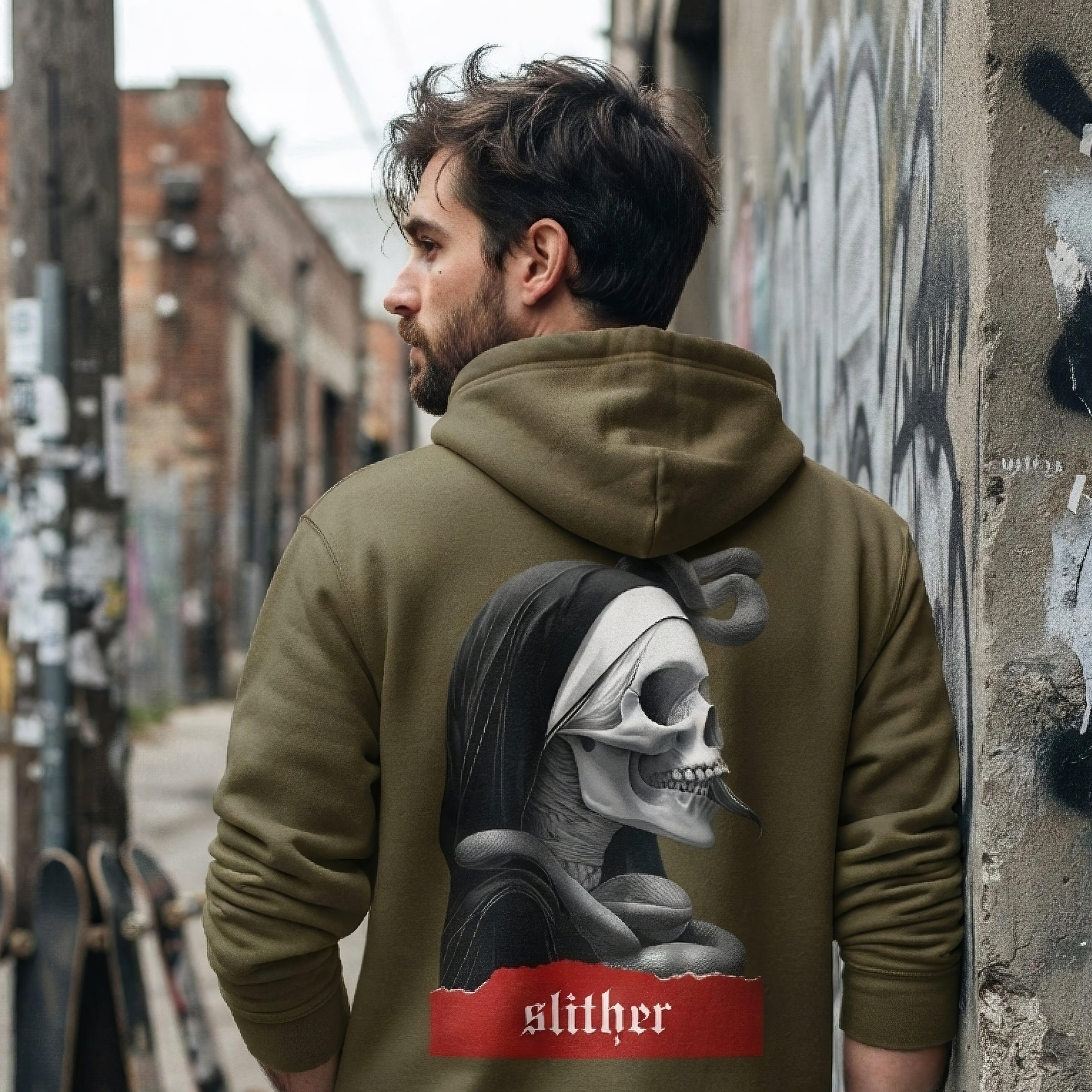 Slither Sister Black Metal Style Unisex Hoodie - ["creepy","dark","hoodie","men","nun","portrait","Slither","Slither Sister","snake","unisex","women"] | Pale Blood Store