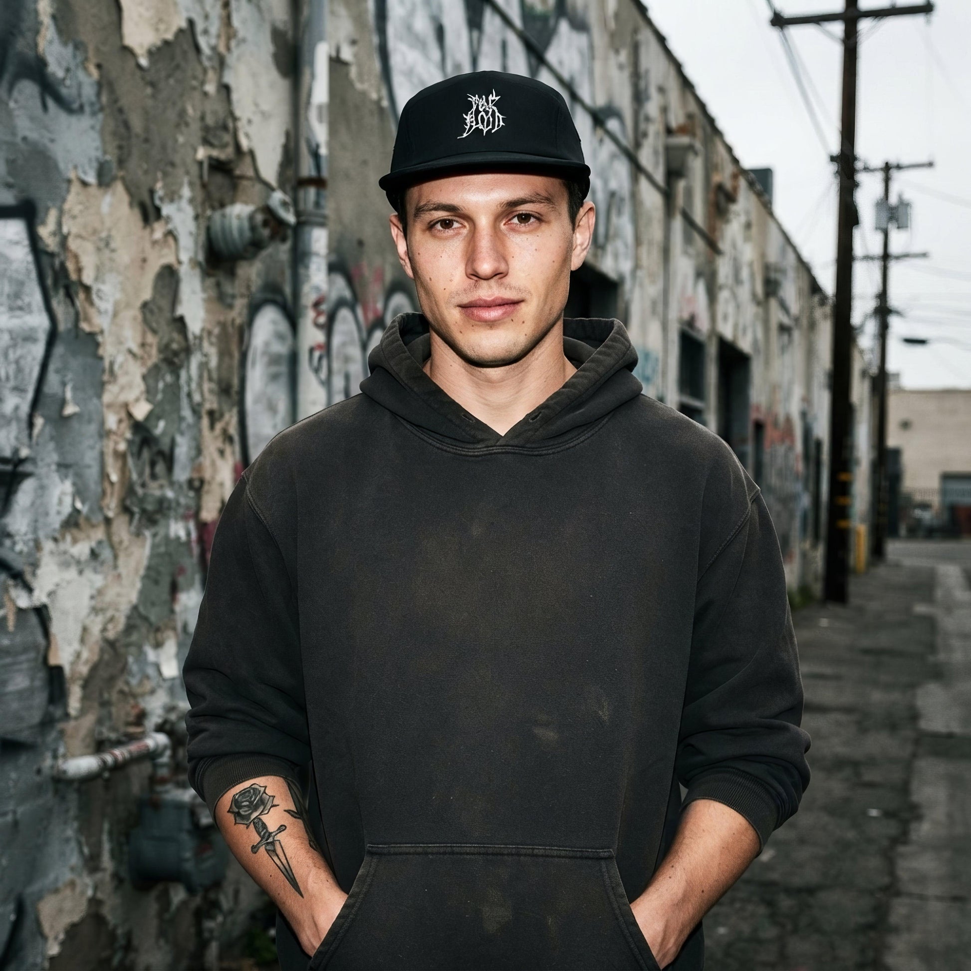 Pale Blood Logo Black Metal Style Five Panel Cap - ["5 panel","cap","chaos","cosmic horror","goth","hat","headwear","logo","paleblood","unisex"] | Pale Blood Store