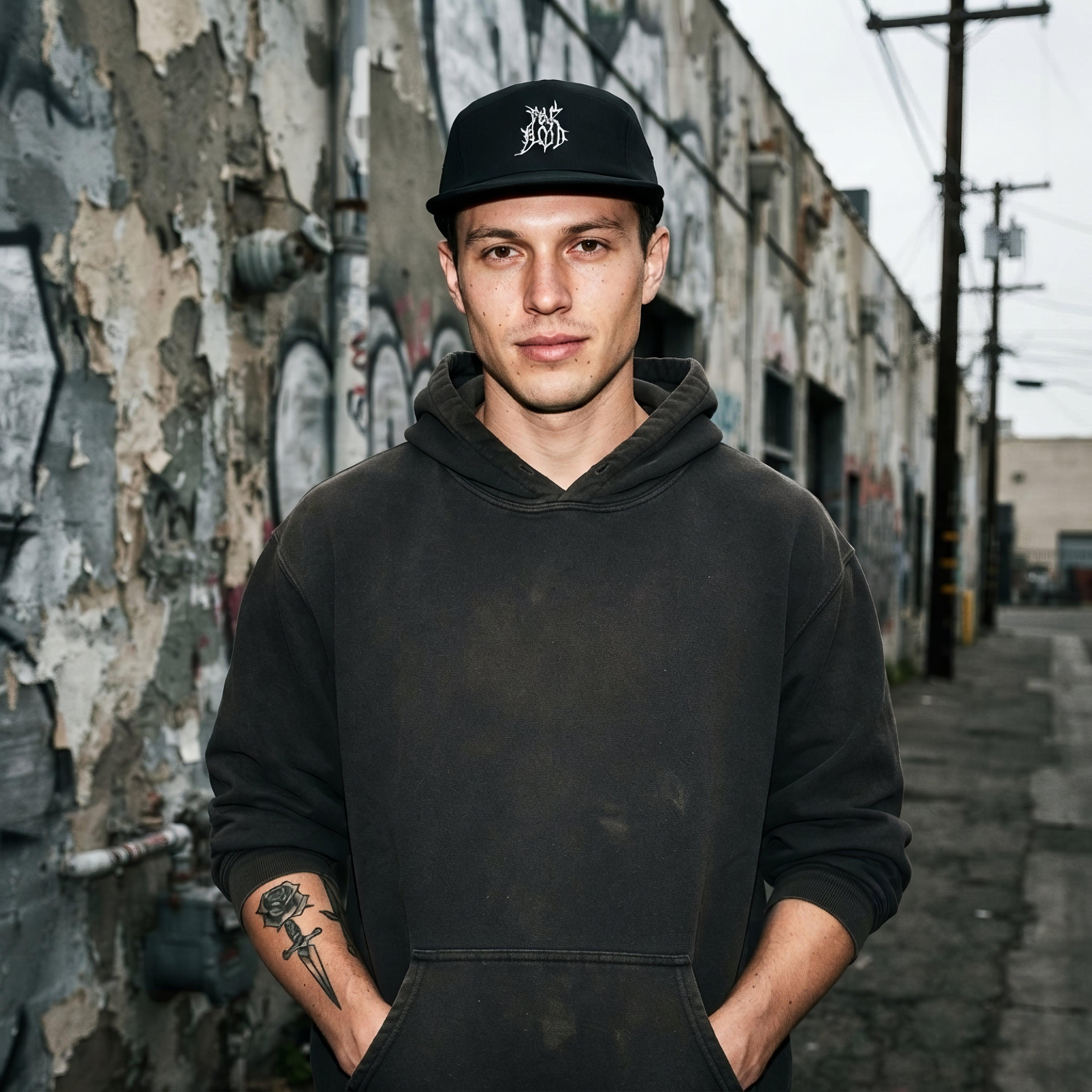 Pale Blood Logo Black Metal Style Five Panel Cap - ["5 panel","cap","chaos","cosmic horror","goth","hat","headwear","logo","paleblood","unisex"] | Pale Blood Store