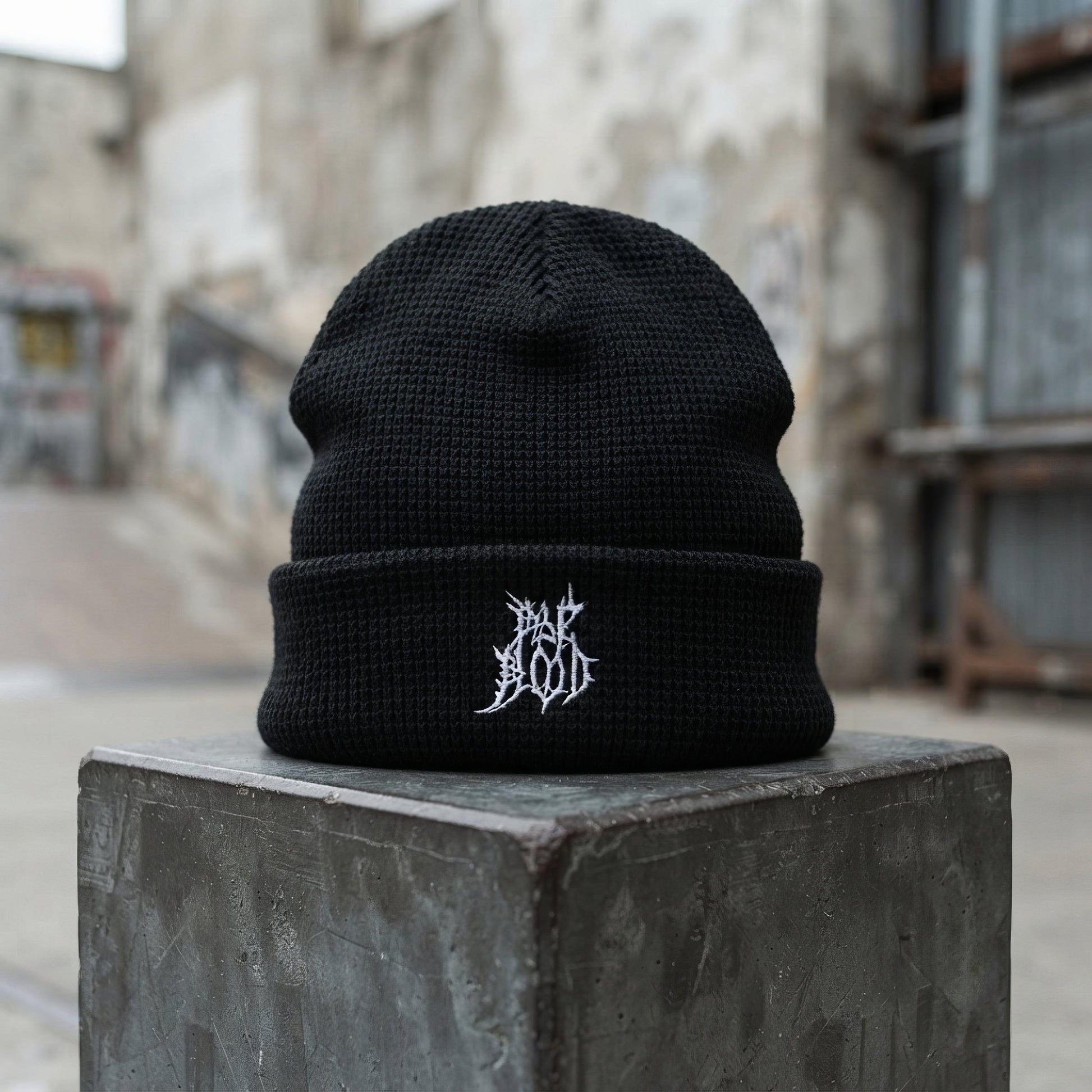 Pale Blood Black Metal Style Waffle Beanie - ["beanie","black","embroidered","headwear","logo","official","pale blood","puff","unisex","waffle"] | Pale Blood Store