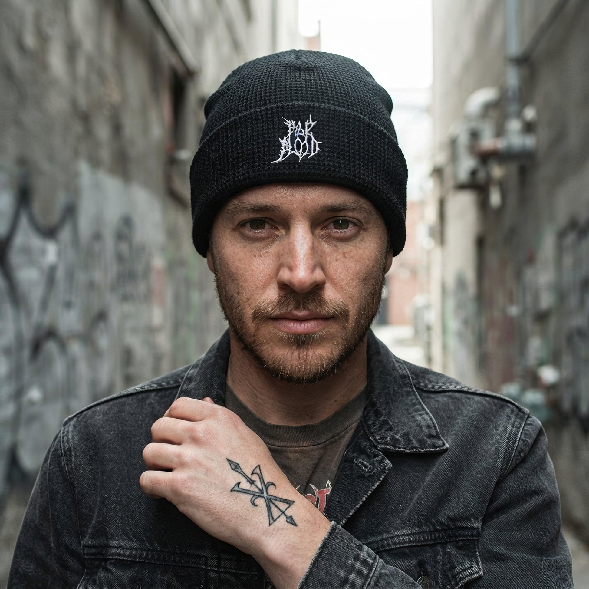 Pale Blood Black Metal Style Waffle Beanie - ["beanie","black","embroidered","headwear","logo","official","pale blood","puff","unisex","waffle"] | Pale Blood Store