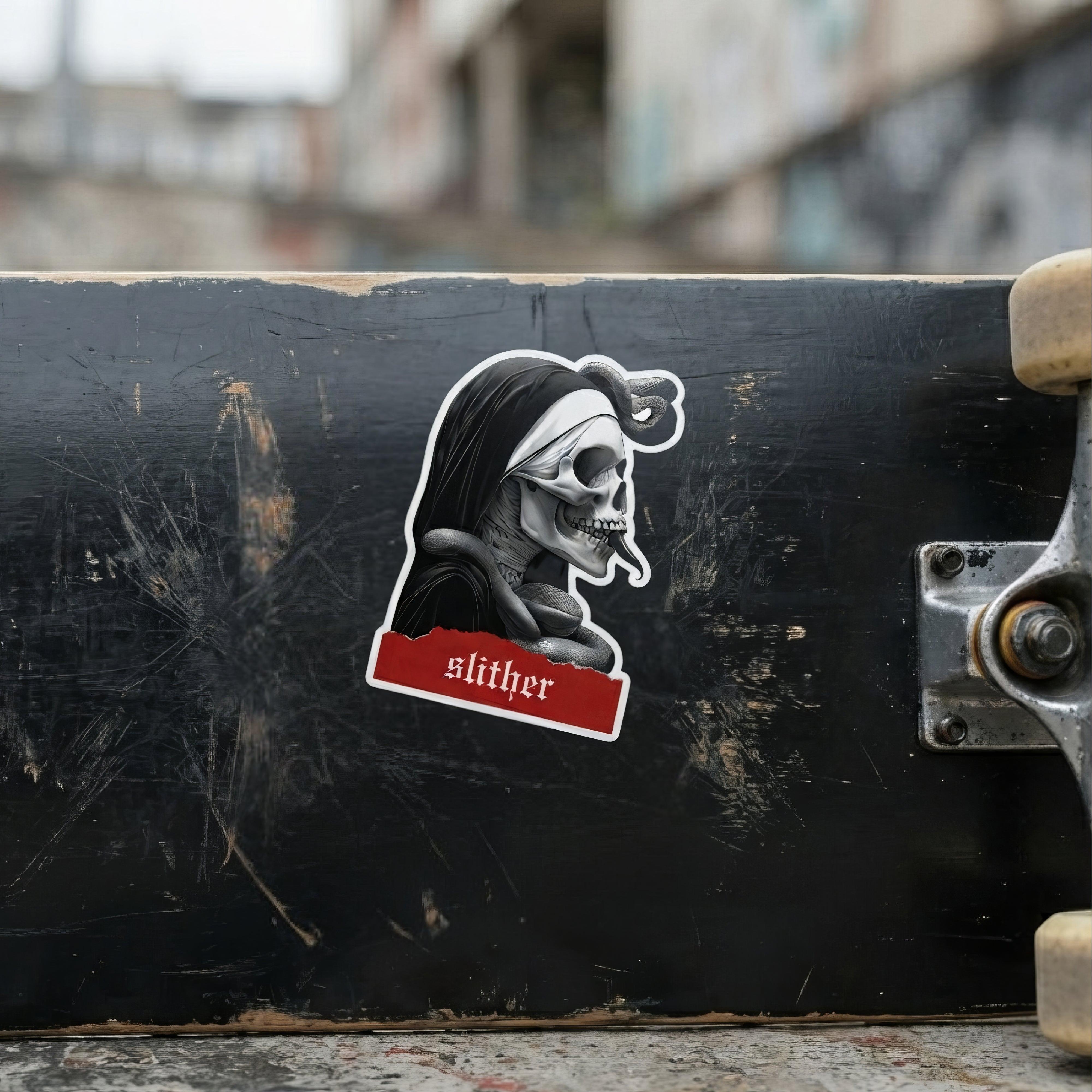 Slither Sister Black Metal Style Stickers - ["creepy","dark","nun","portrait","Slither","Slither Sister","snake","stickers"] | Pale Blood Store