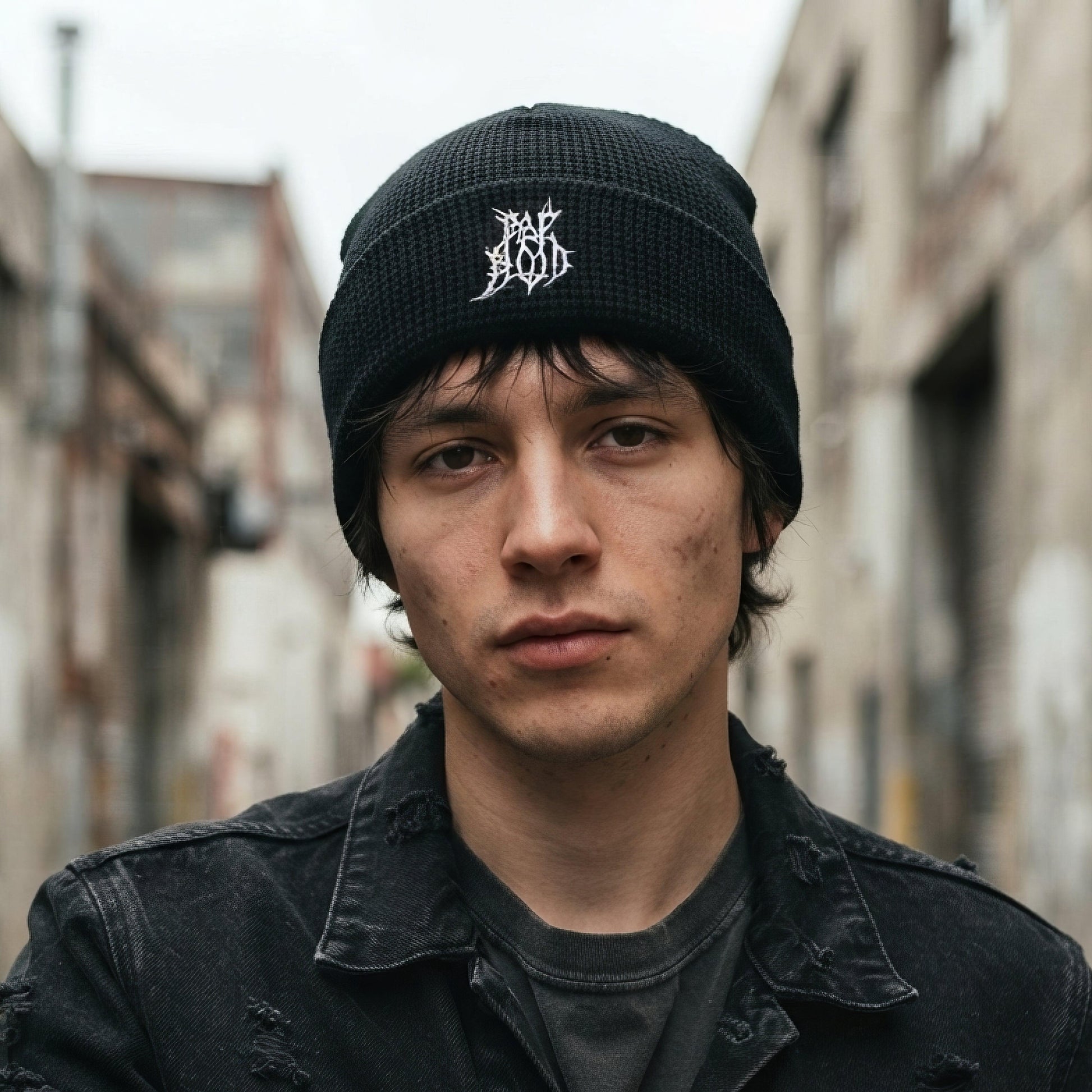 Pale Blood Black Metal Style Waffle Beanie - ["beanie","black","embroidered","headwear","logo","official","pale blood","puff","unisex","waffle"] | Pale Blood Store
