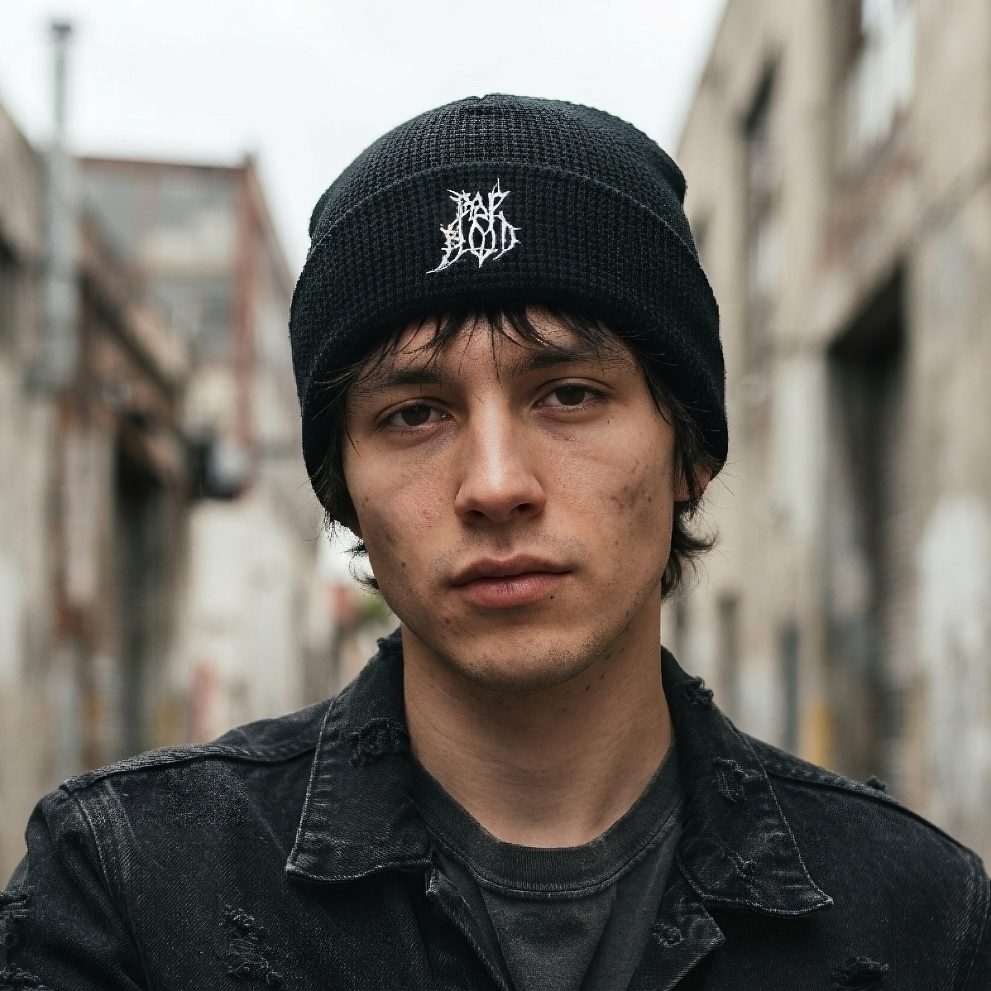 Pale Blood Black Metal Style Waffle Beanie - ["beanie","black","embroidered","headwear","logo","official","pale blood","puff","unisex","waffle"] | Pale Blood Store