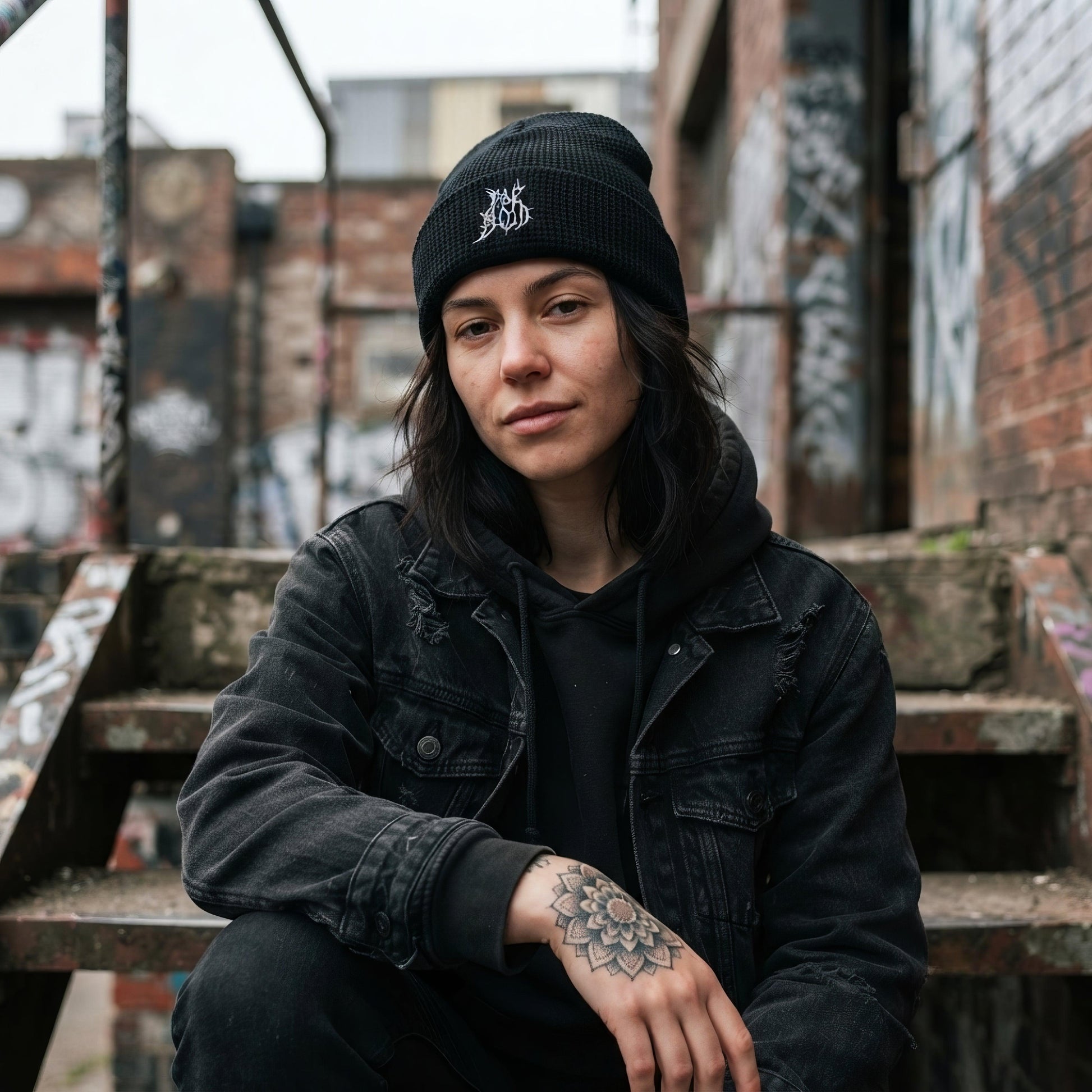 Pale Blood Black Metal Style Waffle Beanie - ["beanie","black","embroidered","headwear","logo","official","pale blood","puff","unisex","waffle"] | Pale Blood Store